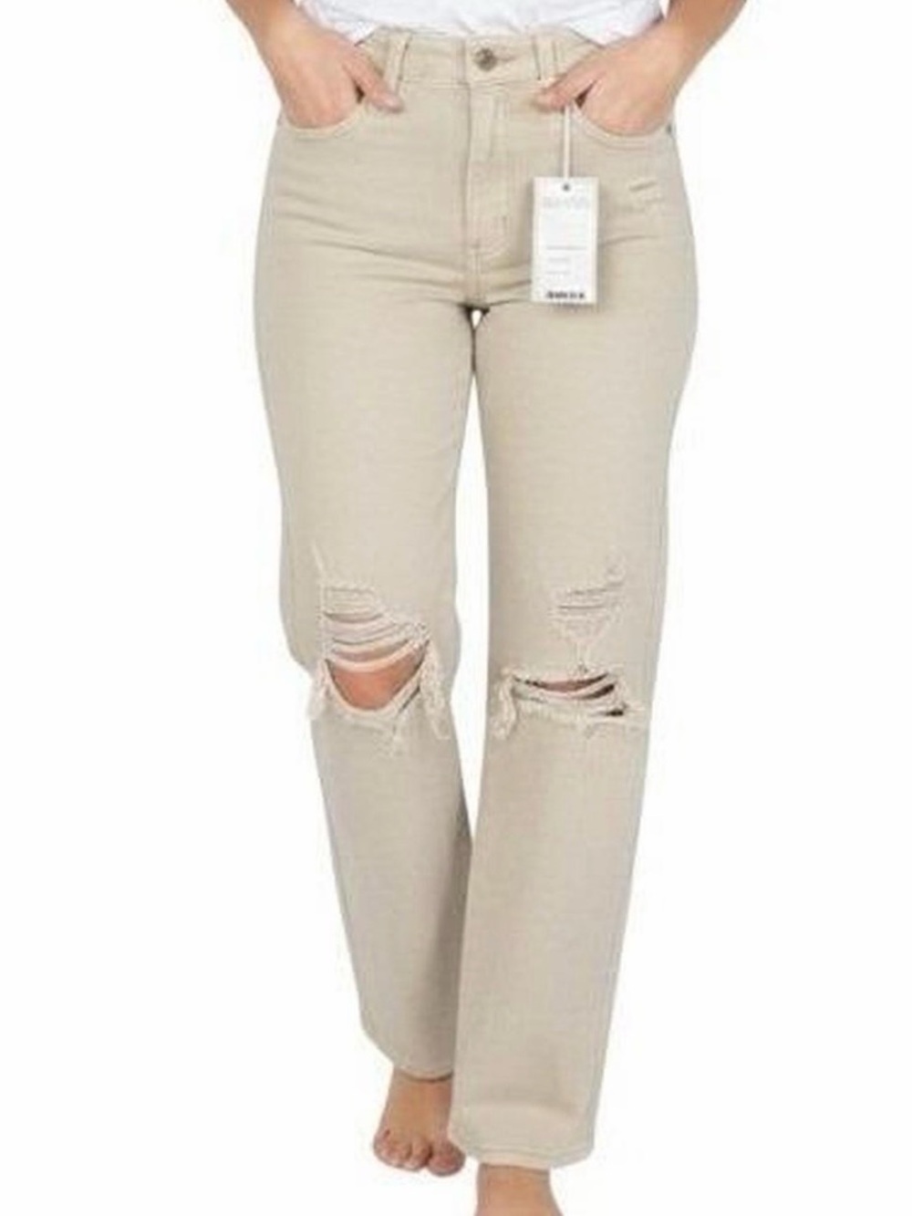 GOGO Beige- grey Straight-Leg Distressed Women’s Jeans